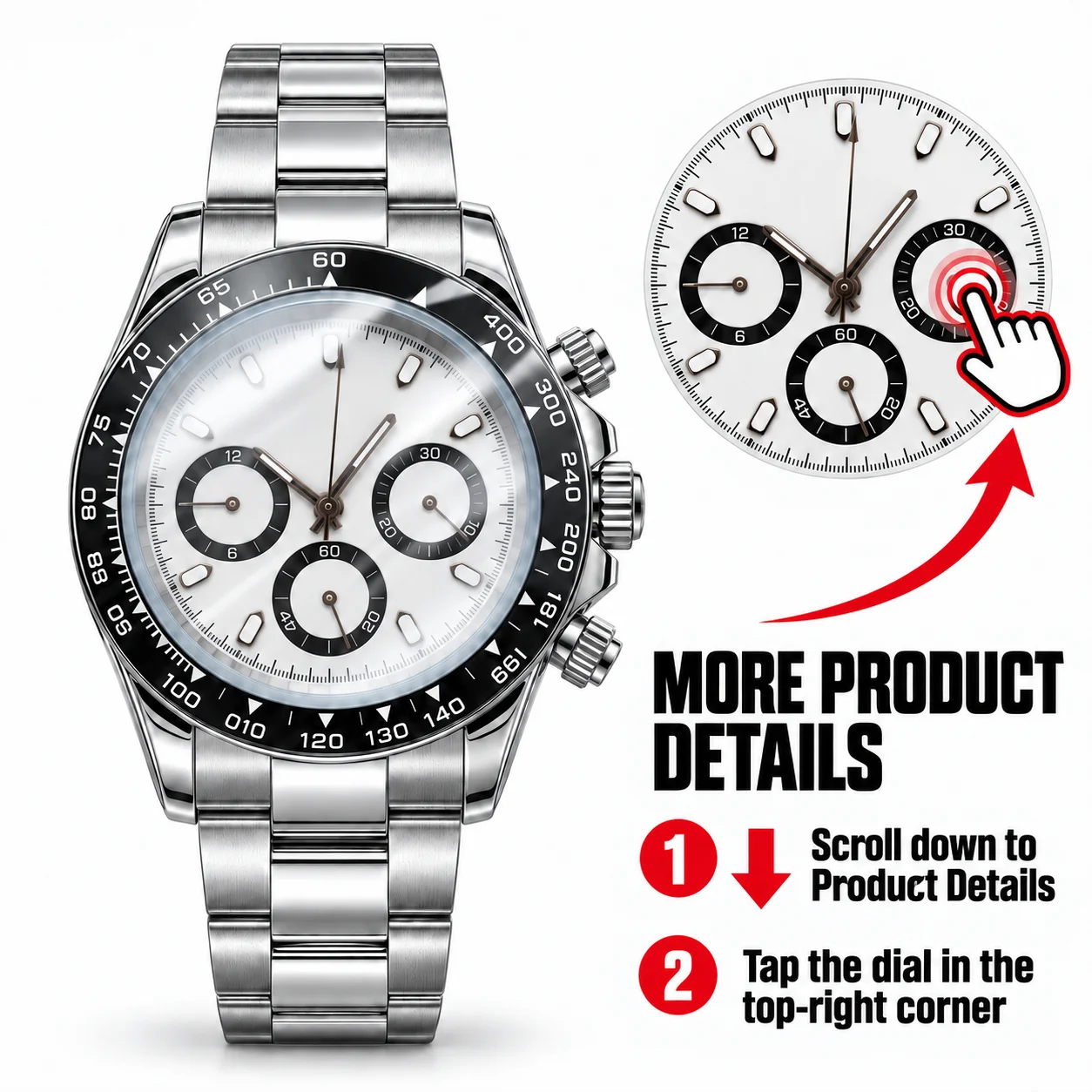 Men's 40mm Automatic Mechanical Chronograph Watch White Dial Three Subdials Tachymeter Bezel Steel Bracelet Sport Wristwatch