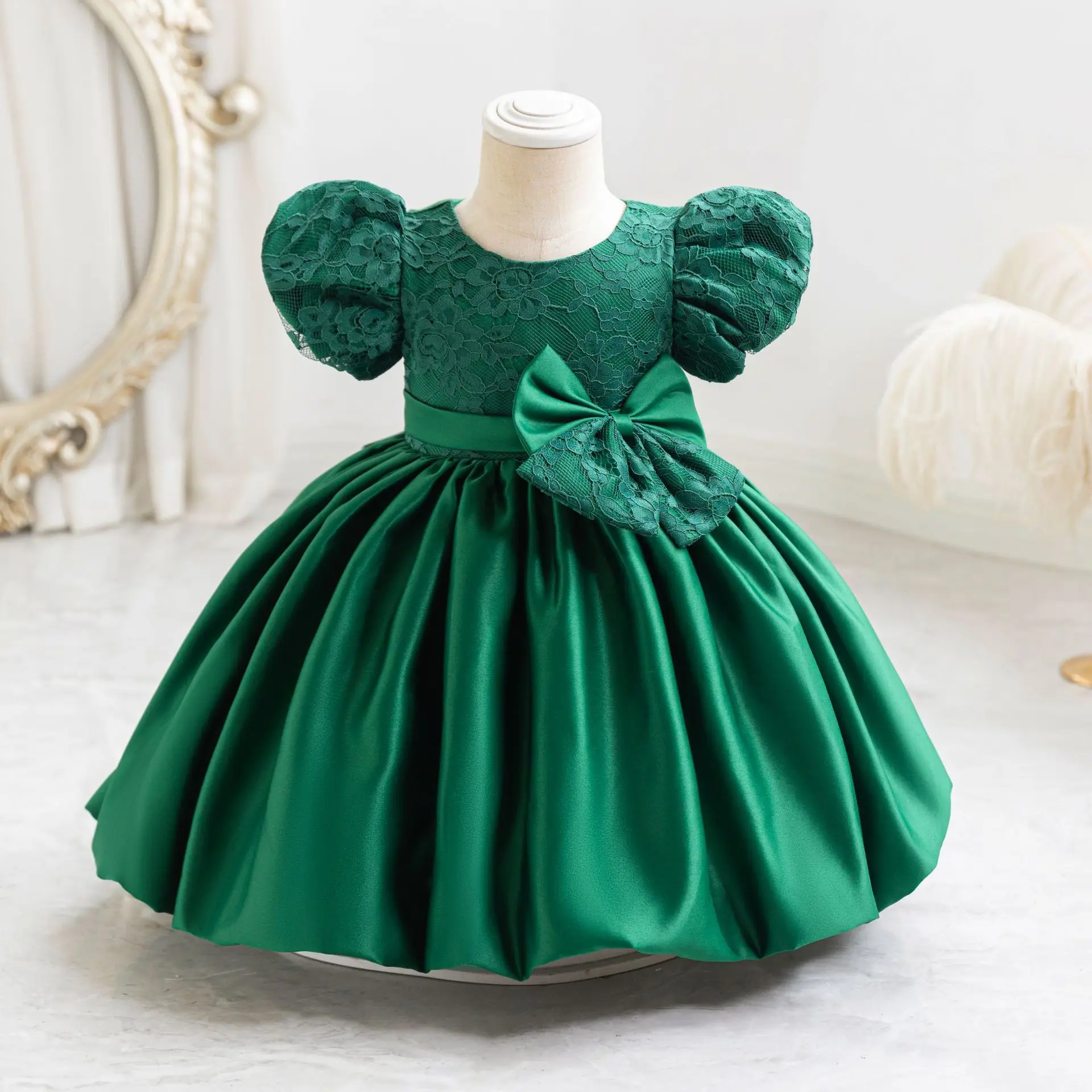 2024 New Girls Party Dress for Children  Kids Short sleeve Solid Child Clothes Flower Girl Birthday Princess Dress Dance 1-3Y