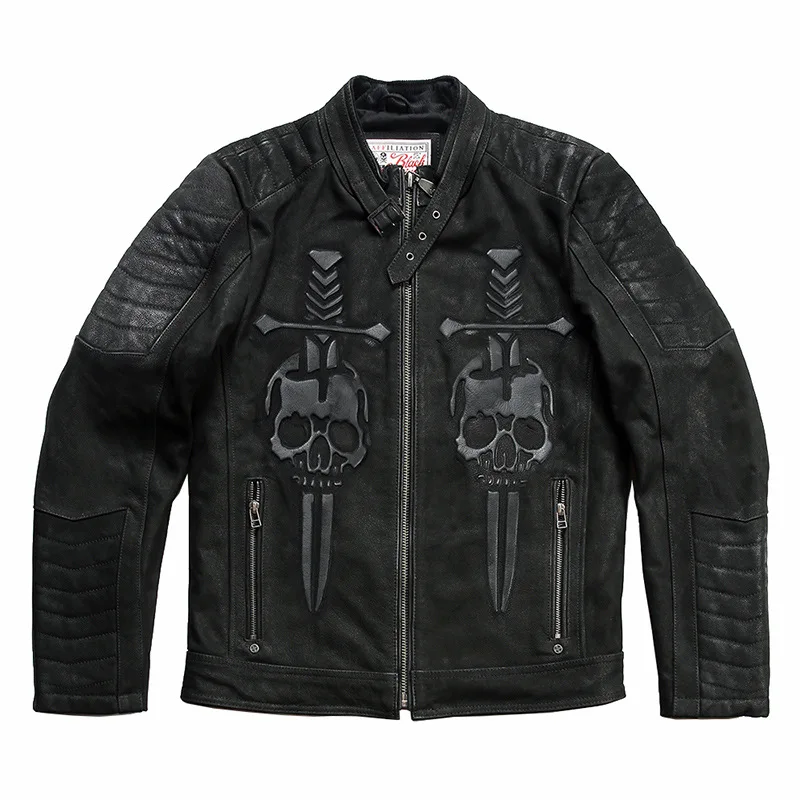 Factory 2024 Vintage Black Men American Skulls Motorcycle Leather Jacket Genuine Thick Cowhide Winter Biker's Coats