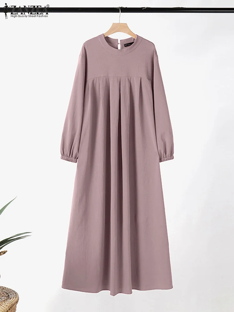 ZANZEA Elegancka damska sukienka muzułmańska z długim rękawem Abaya Jesienna sukienka Sundress Turcja Kaftan IsIamic Maxi Robe Casual Solid Pleated Vestido