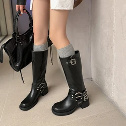 Size 34-42 Vintage Western Women Boots Genuine Leather Knee-High Boots Thick High Heels 2024 Autumn Winter Shoes Woman Retro