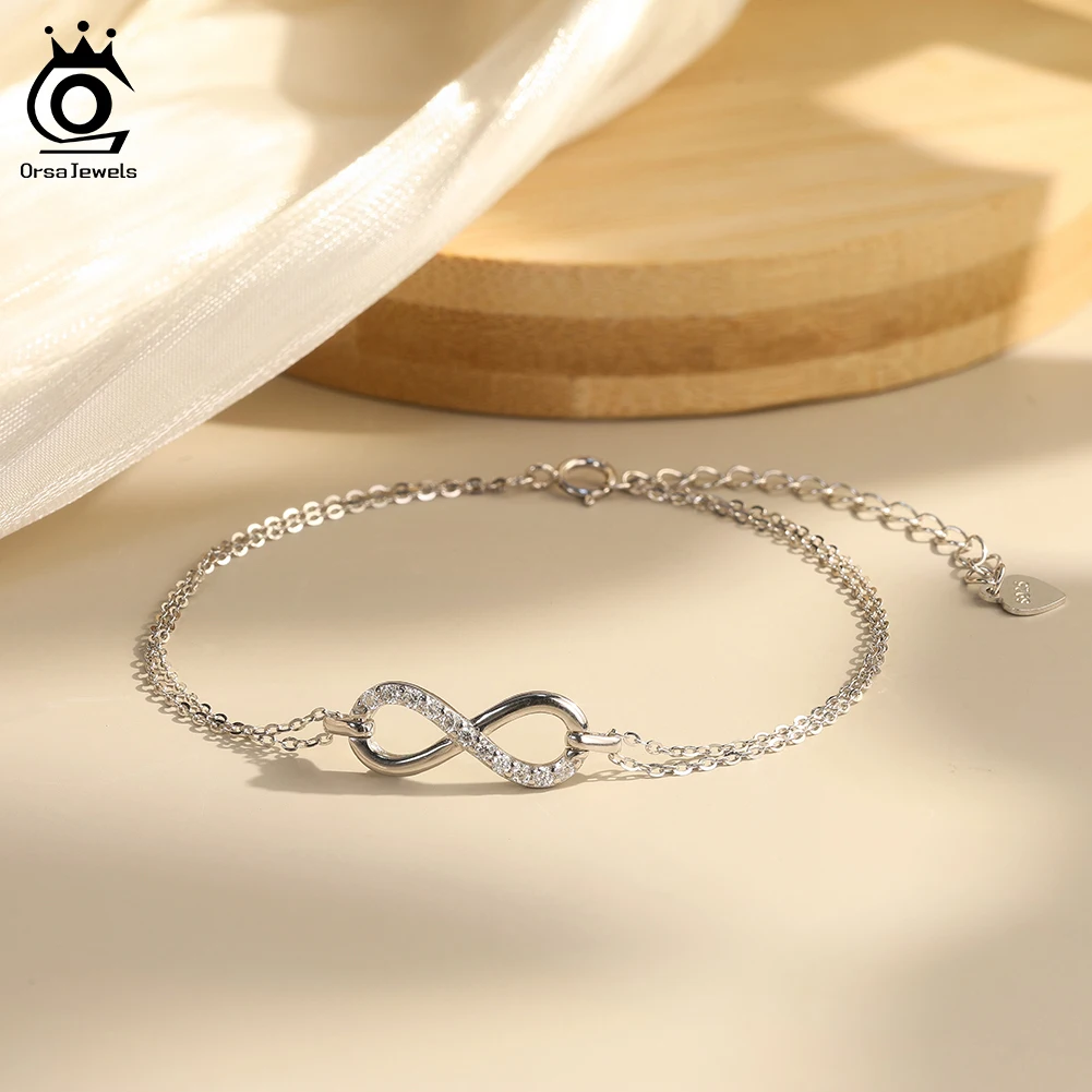 

ORSA JEWELS 925 Sterling Silver Infinity Bracelet for Women D Color VVS Moissanite Diamand Love Symbol Hand Chain Jewelry MOB06