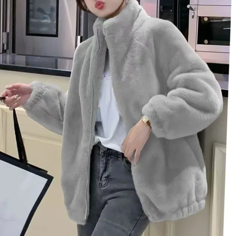 

Autumn Winter New Fashion Stand Collar Long Sleeve Solid Lamb Wool Coats Women's Clothing Casual All-match Zipper Simplicity Top