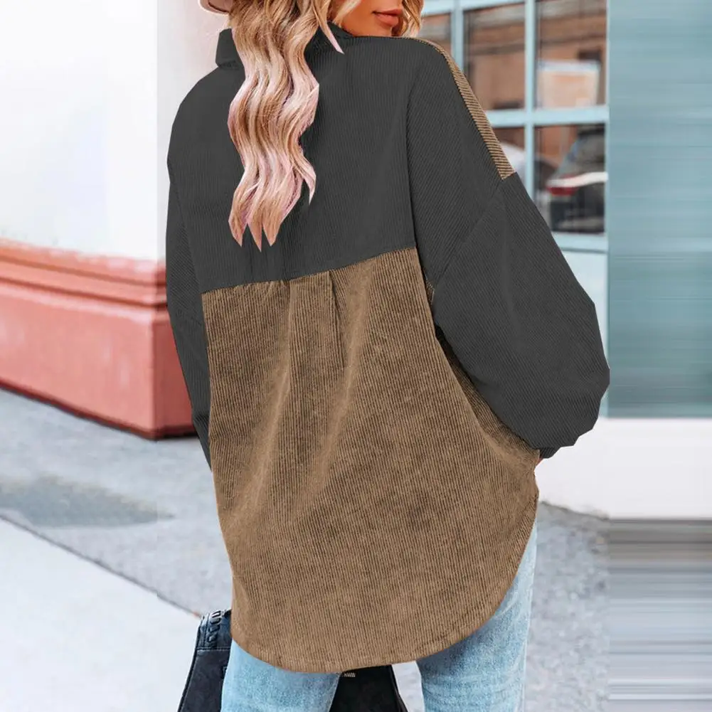 Single-breasted Coat Stylish Women's Corduroy Coat with Color Block Design Loose Fit Lapel Long Sleeve Jacket for Casual Wear