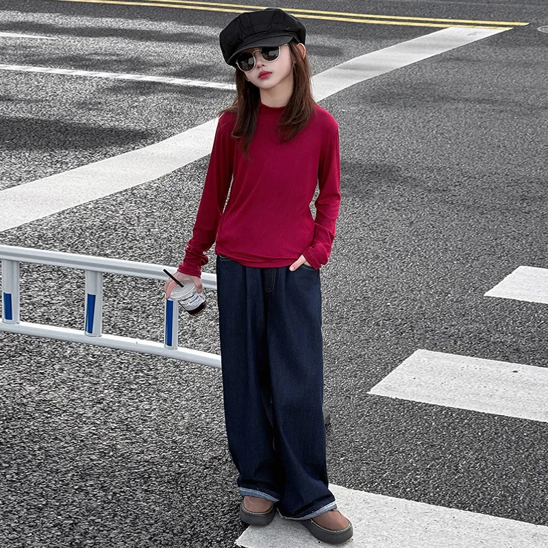 المراهقات الفتيات كاوبوي الملابس مجموعة الربيع تصميم سترة جينز حزام تي شيرت واسعة الساق الجينز 3 قطعة الاطفال السراويل دعوى ملابس أطفال #5