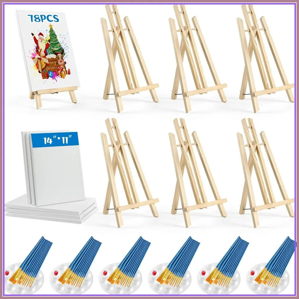 78 Pcs Painting Set with 6 Easels, 6 Canvases, 60 Brushes, 6 Palettes for Adults Kids