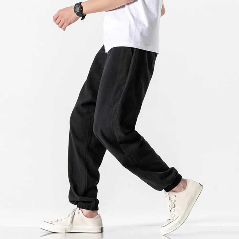 

Reinforced Pocket Seams Pants Retro Men's Ninth Pants with Side Pockets Drawstring Waist for Gym Training Jogging Solid for Long