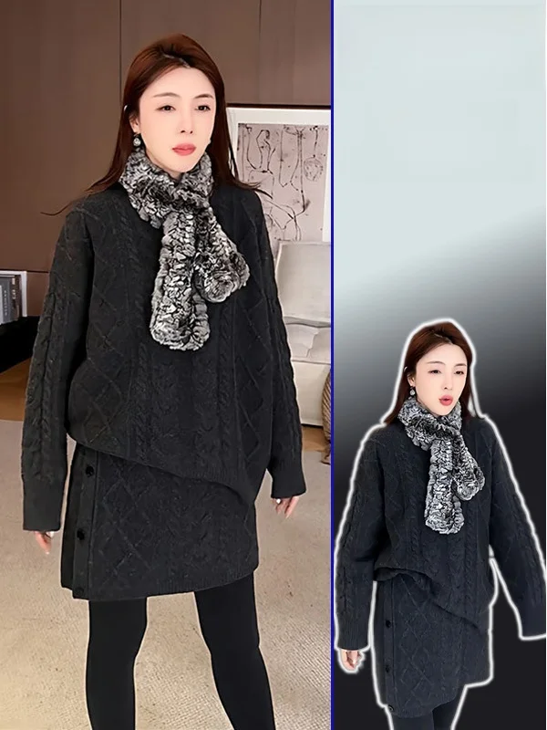 

plus Size Soft Cozy Twist Sweater High Waist Skirt Two Piece Set Faionable Versatile Warm Thiened Long Sve round ...