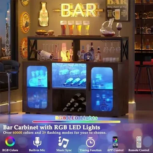 

[Limited Time Offer, Clearance!]Bar Cabinet with Power Outlets, Liquor Cabinet with Led Lights and Glass Holder, Storage Buffet