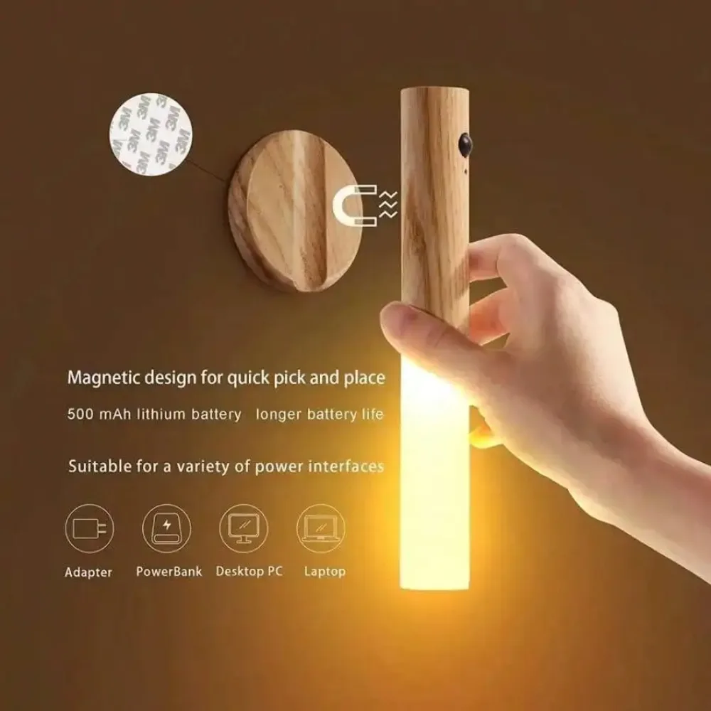 LED Wall Lamps USB Night Light Smart Human Sensor Lights Wood Grain Rechargeable Magnetic Design Home Decoration Accessories