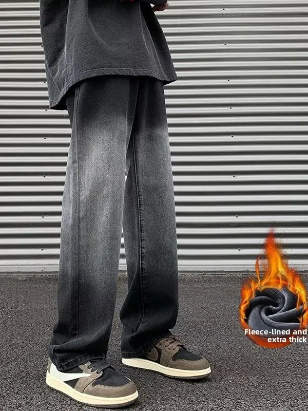 

Американские ретро-джинсы с флисовой подкладкой для мужчин, зимние, свободные, прямые, повседневные, утепленные, широкие брюки