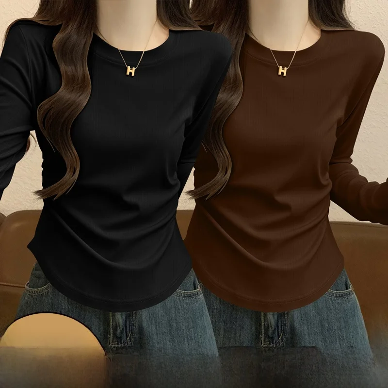 

High-End Irregular Svel Long-Sve T-irt Women's 2025 New Sle Spring Autumn Waist-Cinching Base irt Top