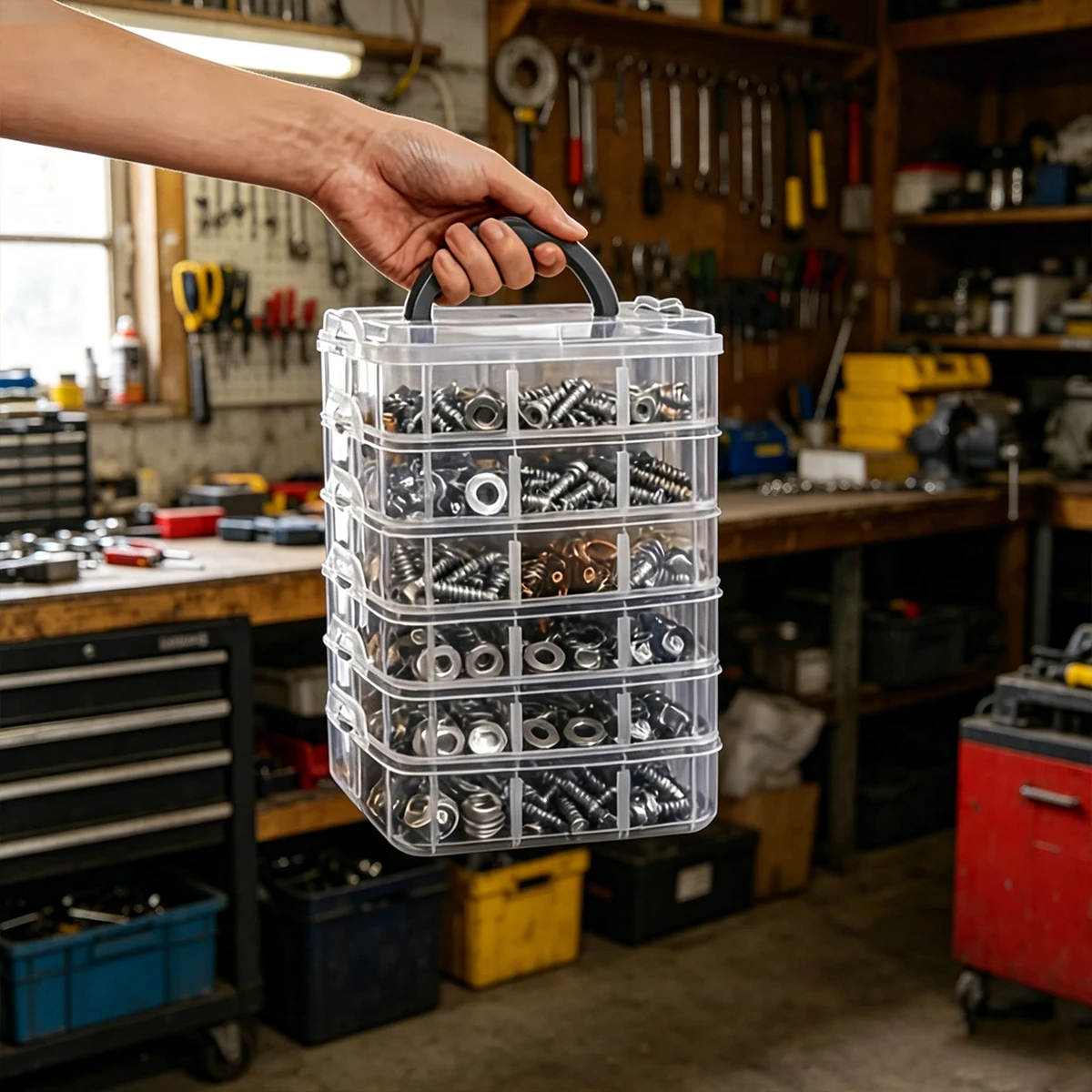 1Pc Stackable Plastic Hardware Storage Box, Multi-Layer Handheld Parts Organizer for Screws Bolts Desktop Sorting