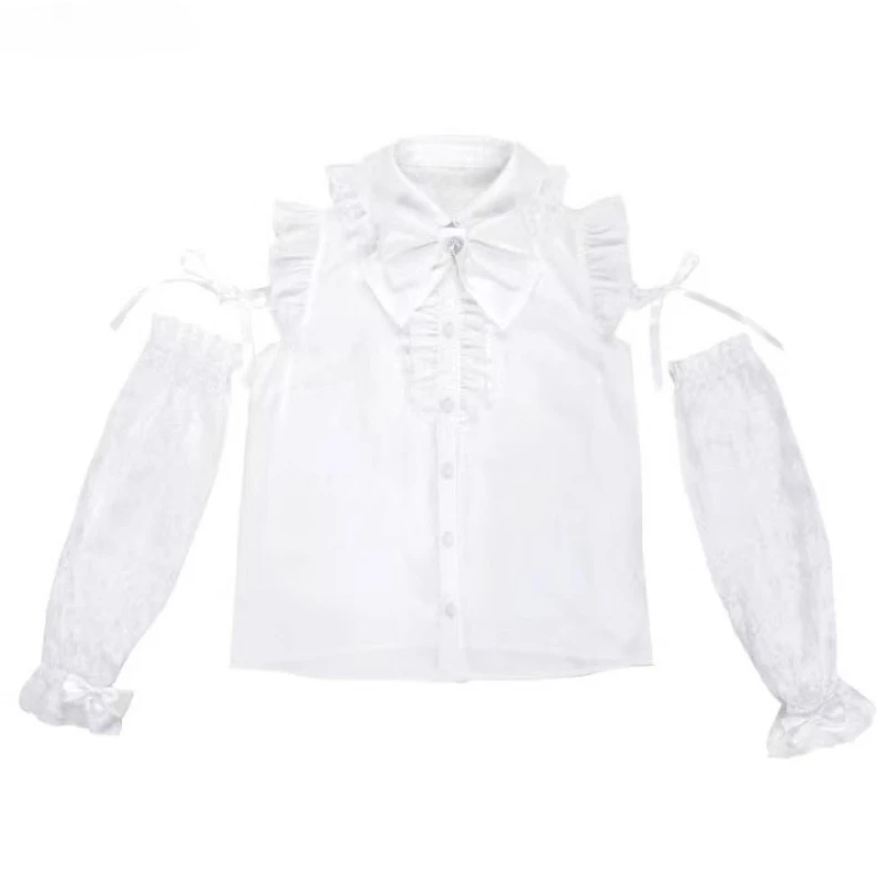 Japanese SC New Lolita Blouse Mass-produced Short-sleeved Bow Fly-sleeved Lace Sleeves Shirt Black Top Single-breasted Blusas
