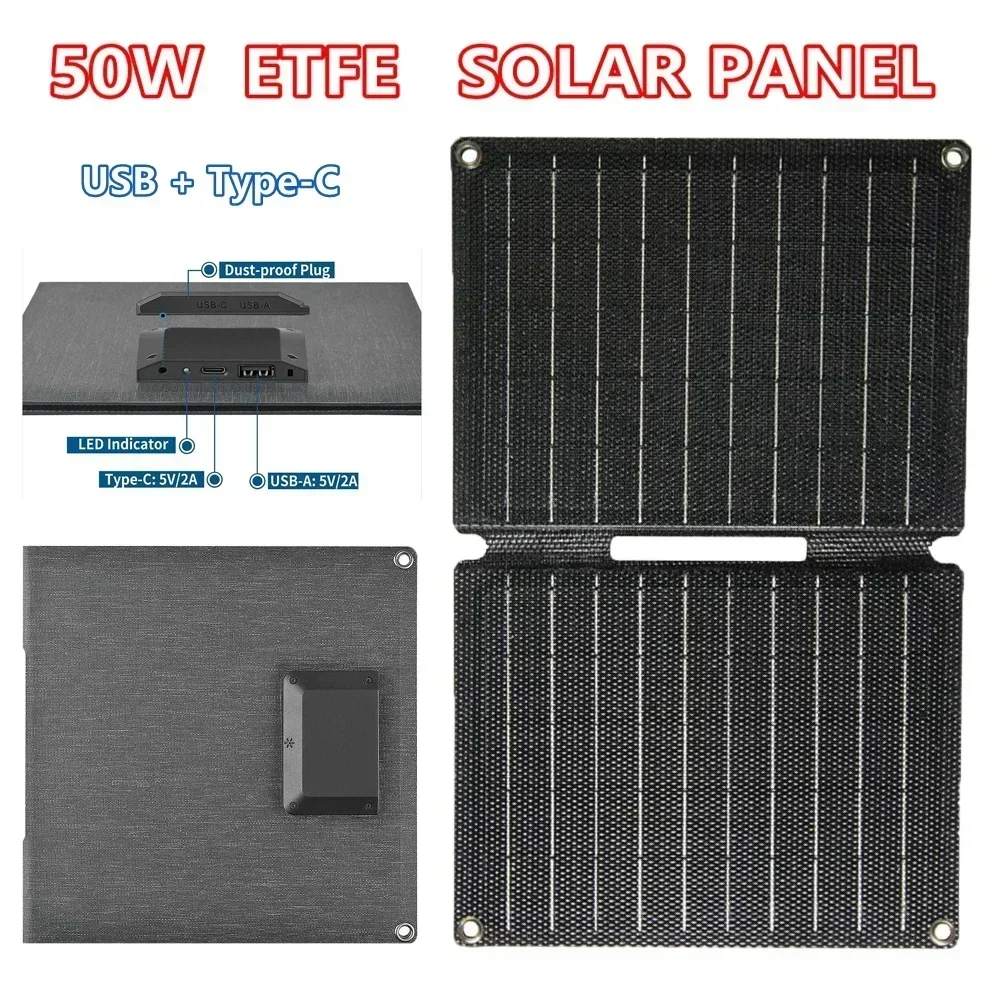 50W ETFE Folding Solar Panel Portable Solar Charger Cells Type-C/USB 5V Output for Outdoor Camping Hiking Phone Power Station