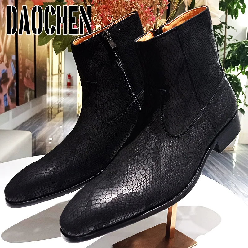 Luxury Brand Men's Boots High Zipper Mid-Calf Boots Slip On Python Casual Mens Dress Shoes Black Suede Leather Shoes Men