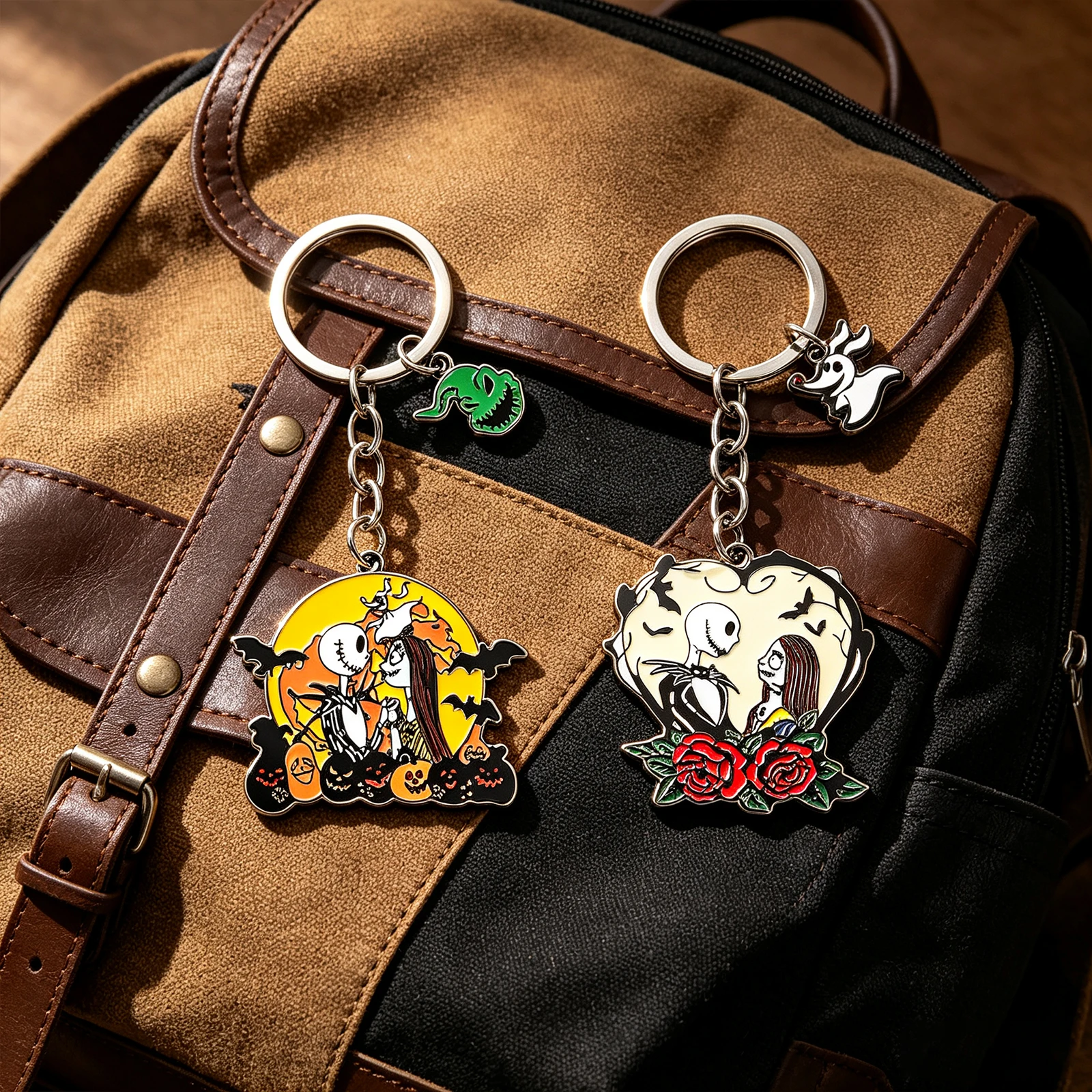 The Nightmare Before Christmas Metal Keychain Gothic Couple Bag Charm for Collector Backpack Decor and Daily Carry Halloween Gif