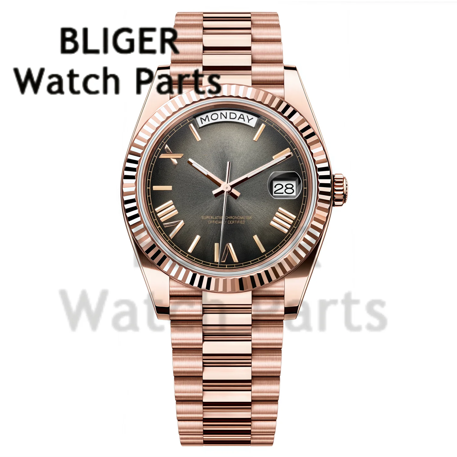 

Personalized Mechancial Watch For Men Rose Gold Miyota8285 Automatic Day Week Date Men Watches Sapphire Glass President Bracelet