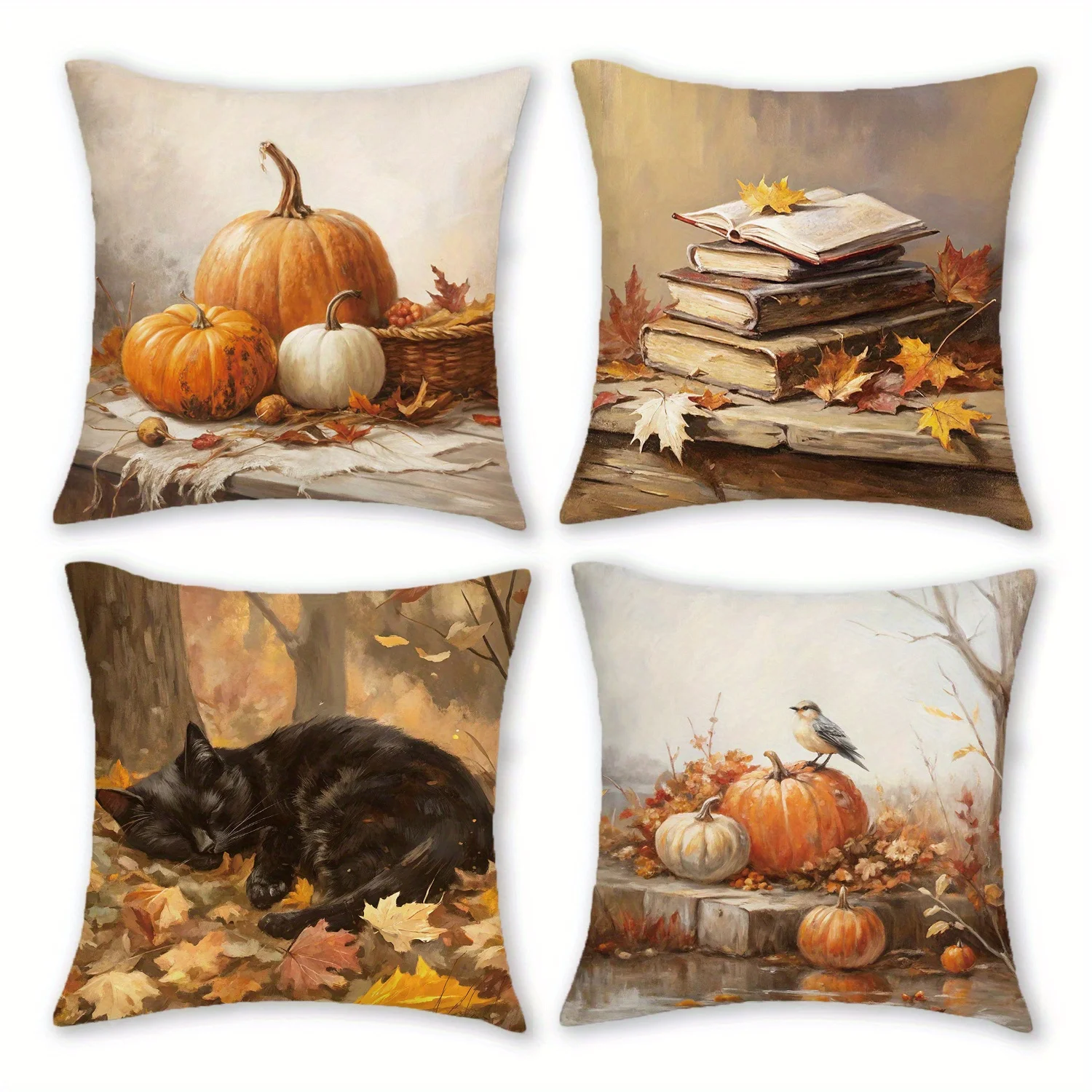 4pcs Short Plush Throw Pillow Covers 18x18 Inch - Fall Pumpkins, Autumn Leaves & Books Printed Farmhouse Thanksgiving Decor