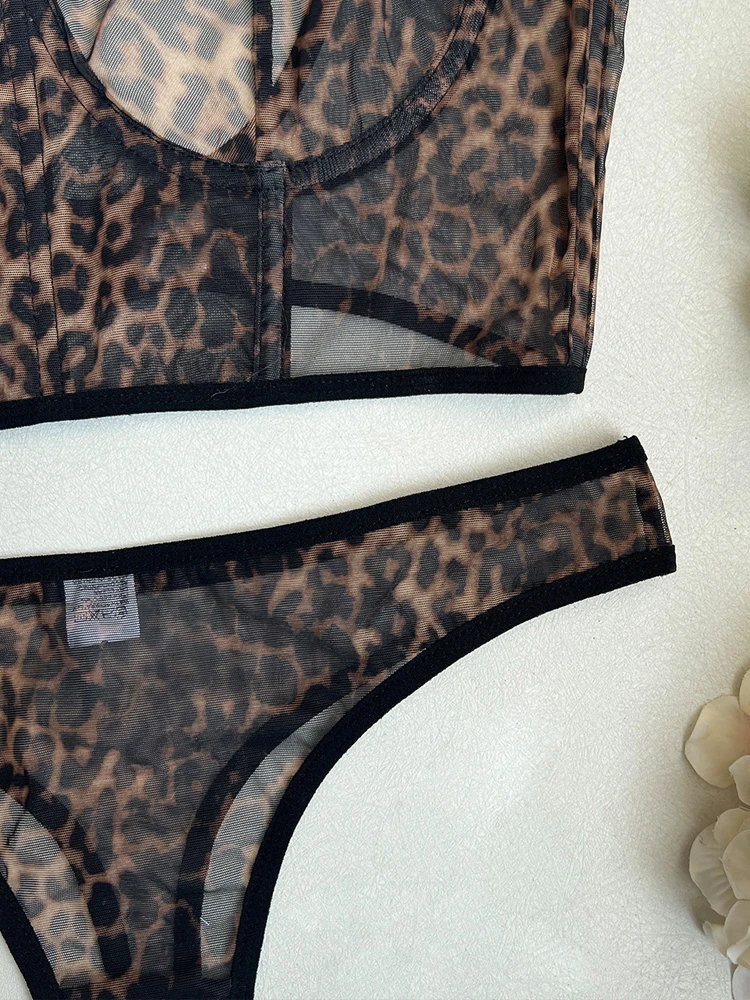 Leopard Printed Underwire Bra and Panty Set Women Sexy Lingerie Transparent Push Up Outfit Lace Underwear