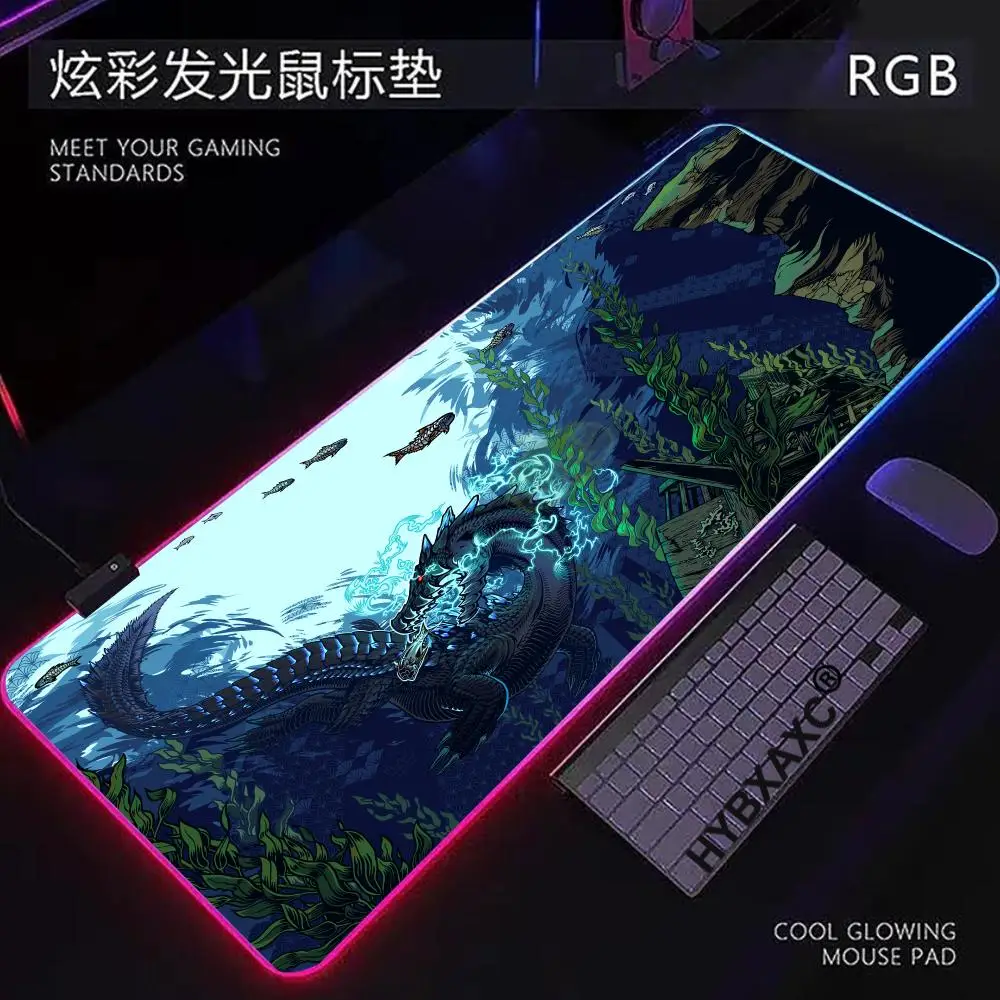 HYBXAXC HD Printing MousePad Game Monster Hunter Wilds Mouse Pads RGB Gaming Mouse Pad Desk Mat HD Gamer Large LED Light XXL