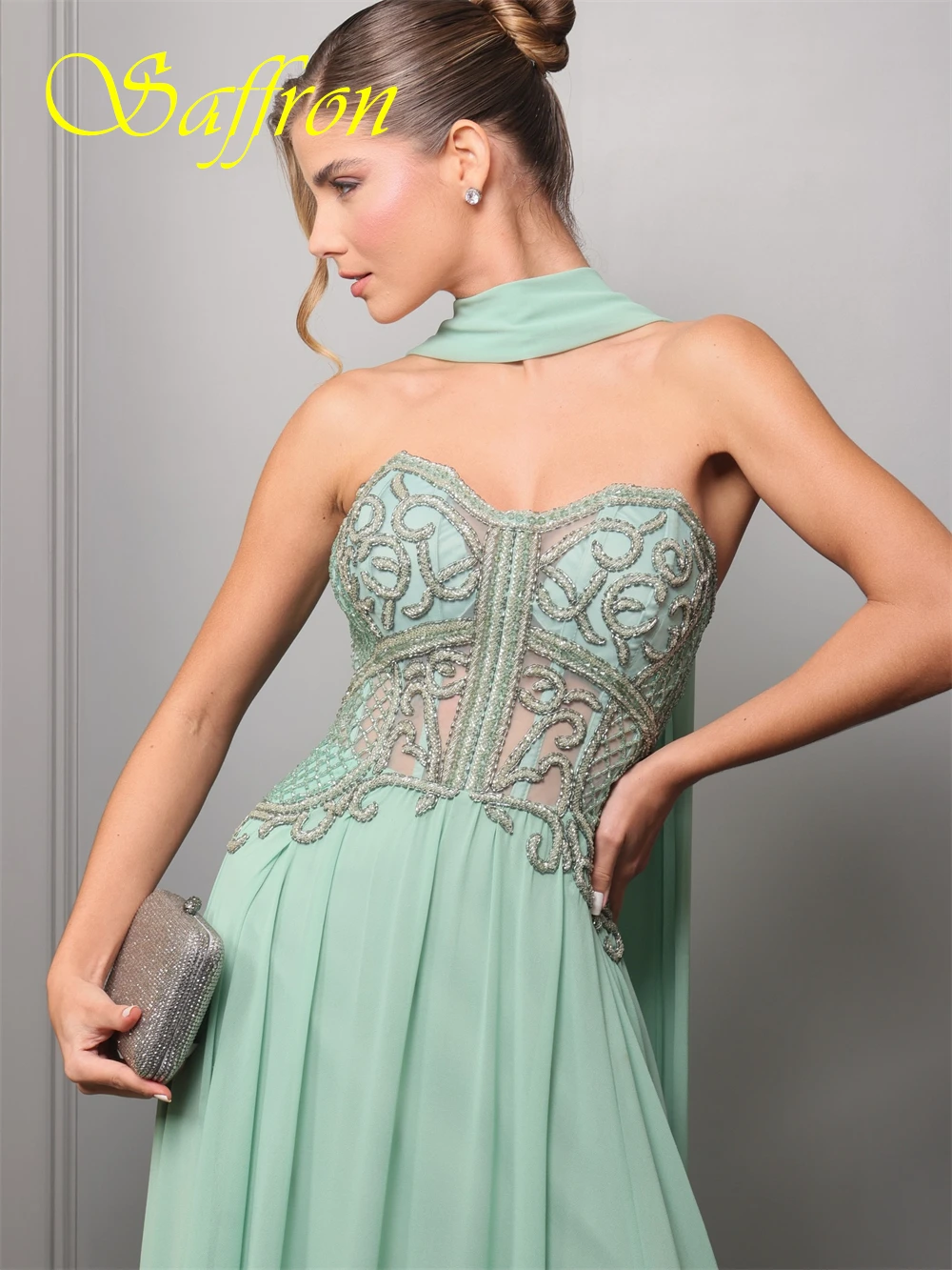 Gaun Malam Sifon Indah Kustom Gaun Prom Applique Anggun Gaun Acara Khusus Tanpa Lengan Tanpa Tali Mode