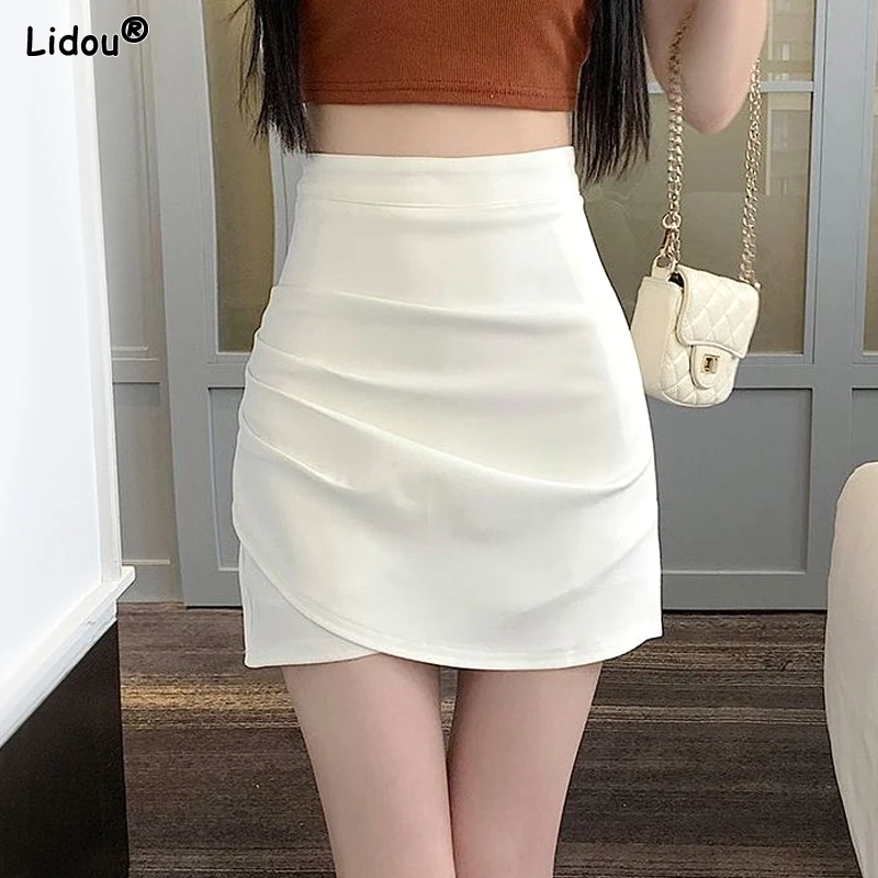 Fashion High Waist Short Skirts Solid Color Elegant Pleated Sweet Sexy Buttocks Skinny Thin Summer New Women's Clothing 2023