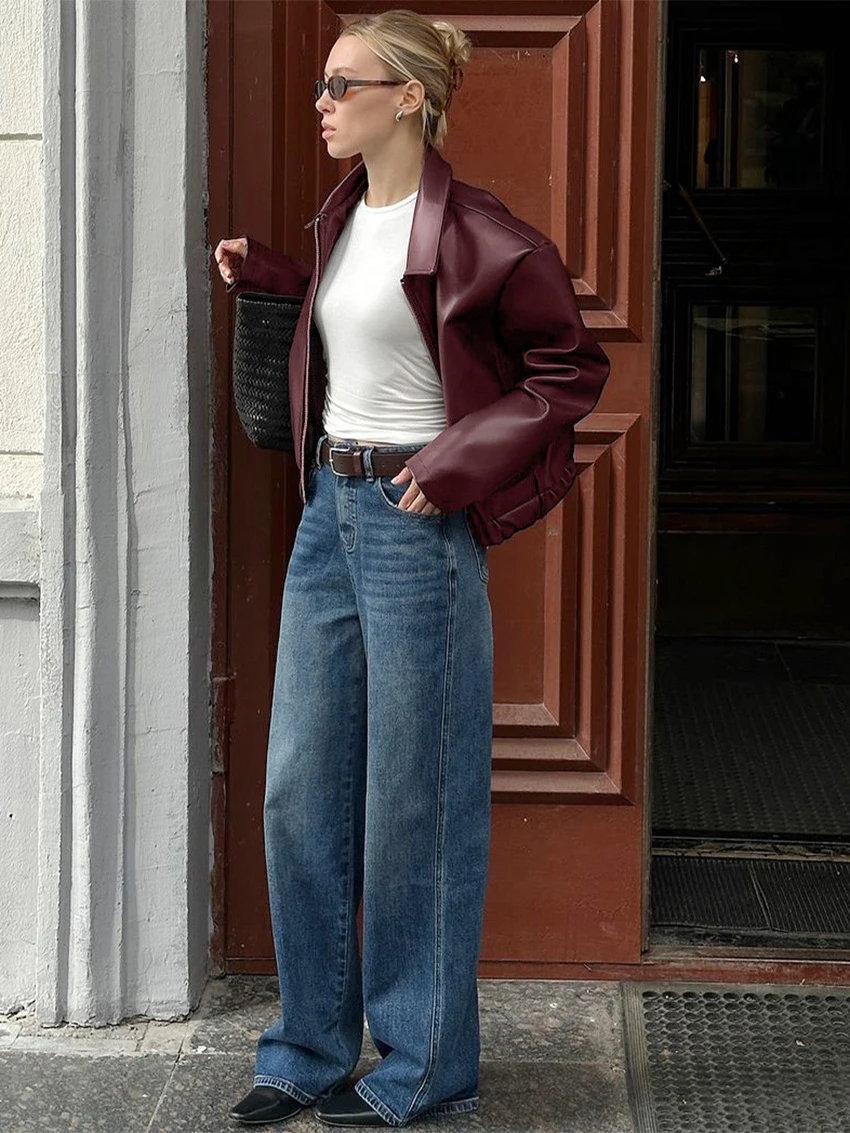 Kurtka damska WXOY ze sztucznej skóry, zapinana na zamek, z długim rękawem, minimalistyczna, elegancka, w stylu casual, streetwear, płaszcz z PU na jesień i zimę.