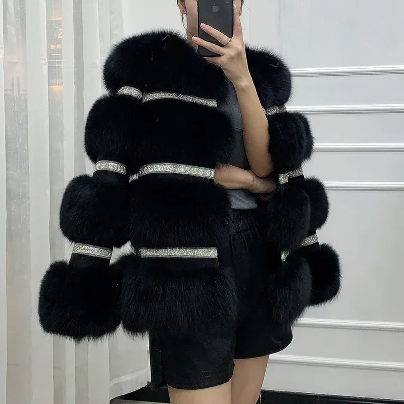 2024 New Fashion Real Fur Coat Winter Jacket Women Natural Fox Fur Diamonds Thick Warm Outerwear Streetwear Luxury Brand