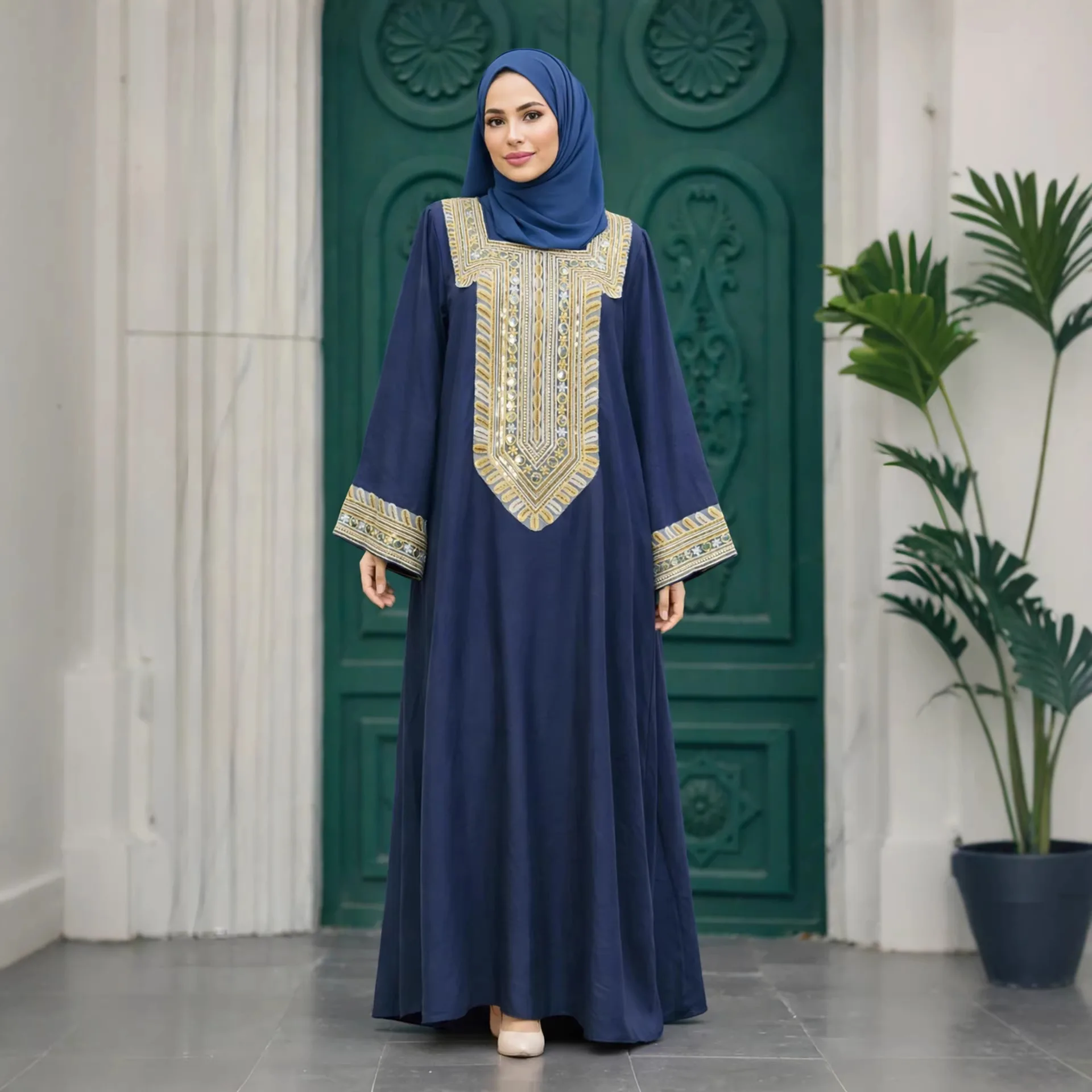 

Ethnic Embroidery Abaya Dubai Kaftan Eid Ramadan Women Muslim Party Dress Turkey Caftan Marocain Femme Robe Islam Jalabiya Gown