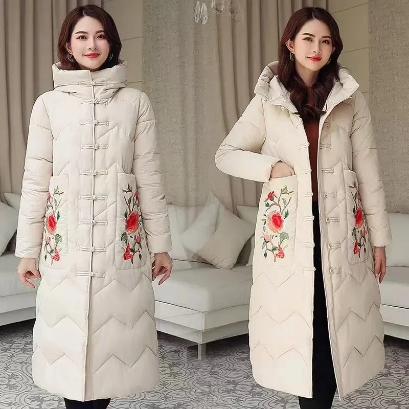 

Long Cotton Coat 2025 New Embroidery Thicken Hooded Cotton Jacket Winter Chinese Style Cotton Coat Women Loose Parkas Coat
