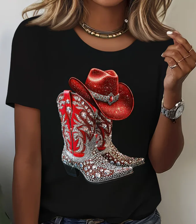Women Red Rhinestone Cowboy Boots Hat T Shirt Western Glam Print Short Sleeve O Neck Casual Tops Black Summer Daily Wear