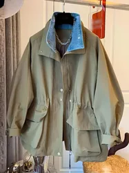 Women Denim Callor Stitching Khaki Windbreaker Jacket Female Spring Autumn Fake Two Pieces Streetwear Jean Women Coat Outerwear