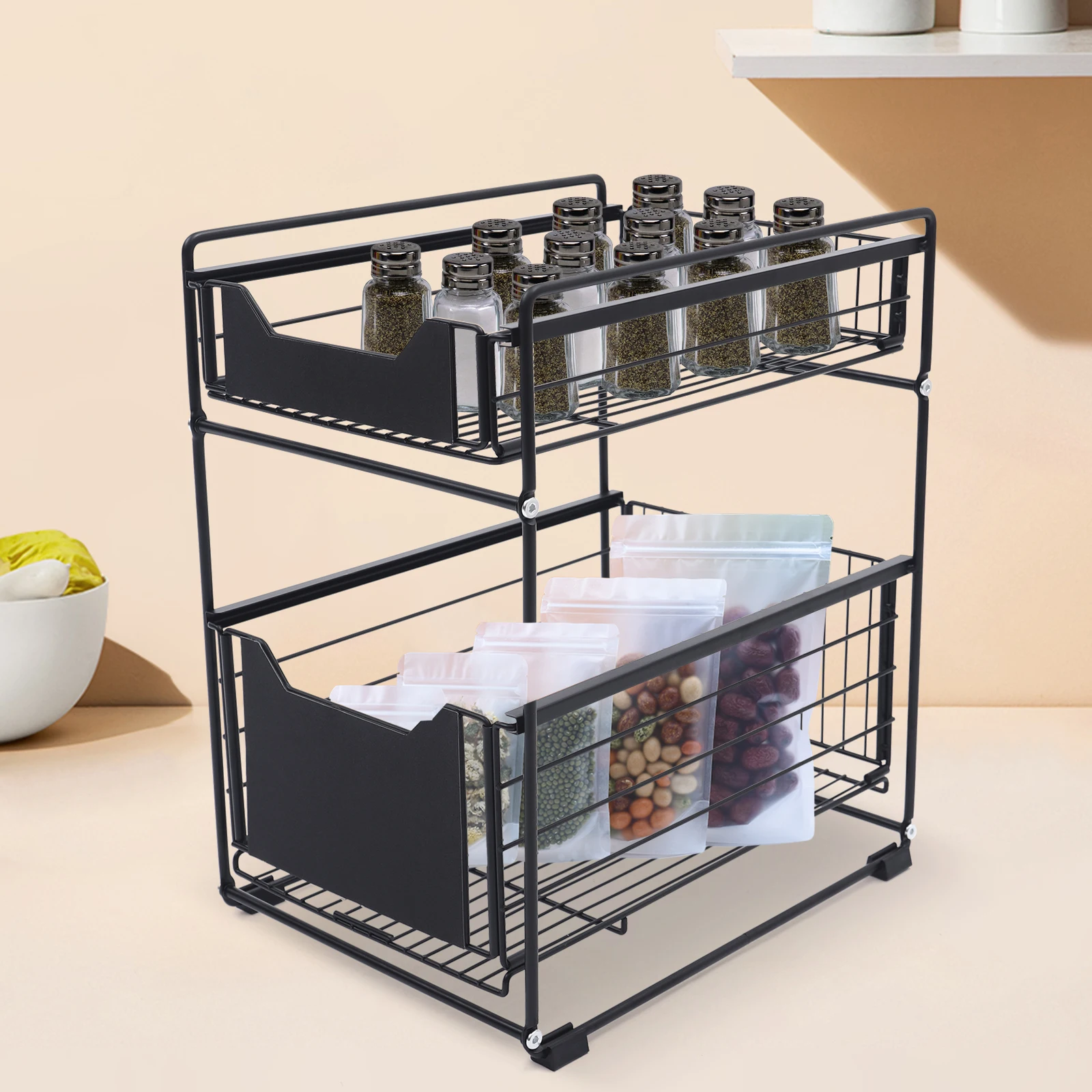 Double-Layer Large Storage Rack Kitchen Shelf Cupboard Pull-Out Telescopic Drawer Basket