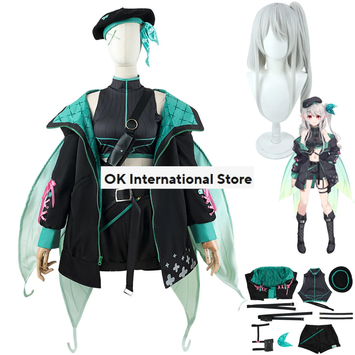 Anime Virtual YouTuber NIJISANJI Pomu Rainpuff  Cosplay Costume Wig Combat Uniform Wing Shorts Woman Lovely Kawaii Carnival Suit