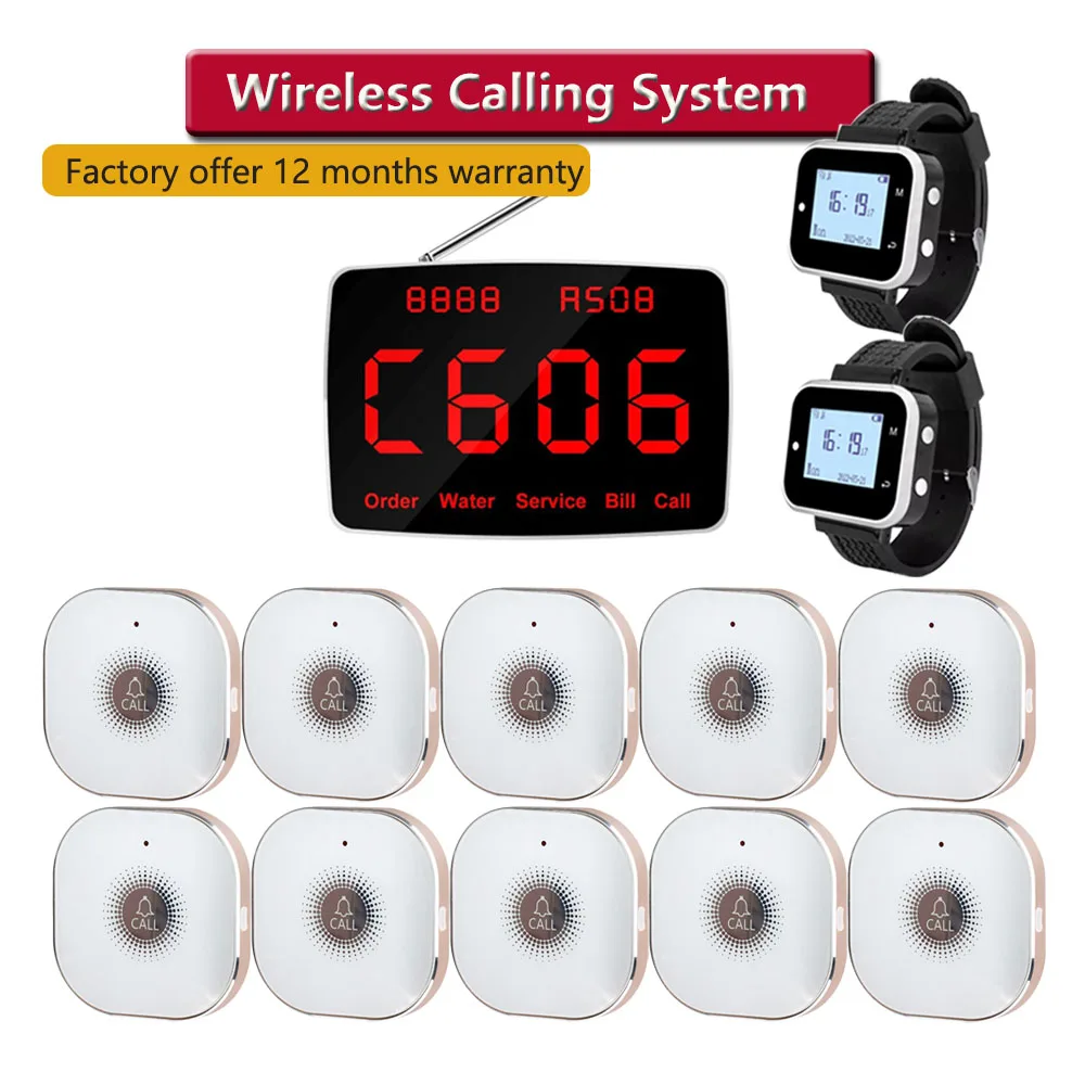 Fast ship 10 Touchable Rechargeable Calling Buttons 2 Watch Pager Receiver 1 Screen Host Wireless Calling System for Restaurant