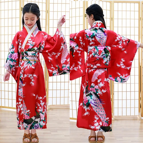 Imagen 2 del producto Kimono japonés de satén para niñas, novedad de lujo, vestido Yukata, bata estampada con Obi, disfraz de actuación para niños, ropa tradicional asiática