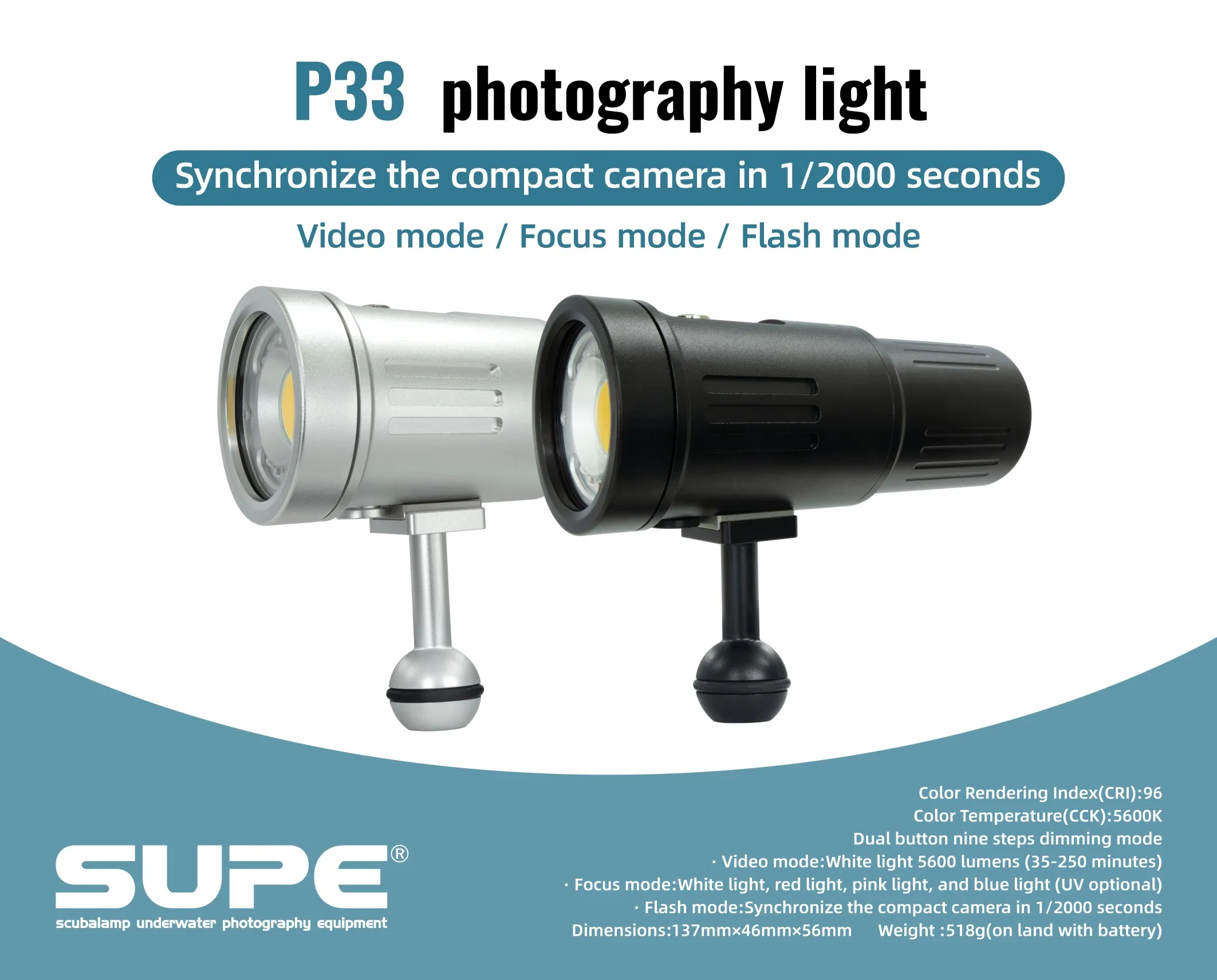 

SUPE P33 Video Focus Strobe Light 5600 Lumens Flash Mode Scuba Diving Underwater Photographic Lamp Diving Equipment