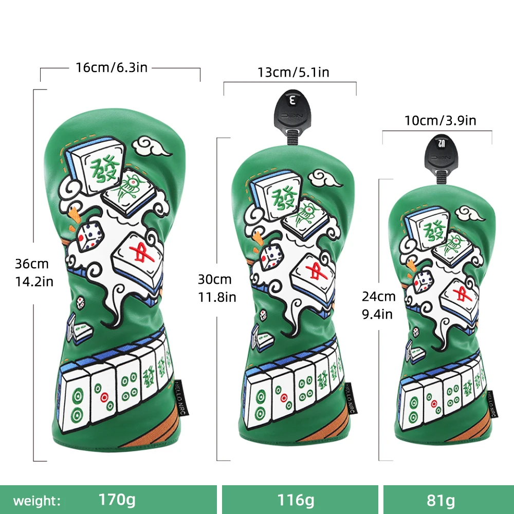 Golf Wood Cover PU Leather Soft Durable Golf Club Head Covers Mahjong Pattern For Driver Fairway Hybrid Waterproof Protector Set