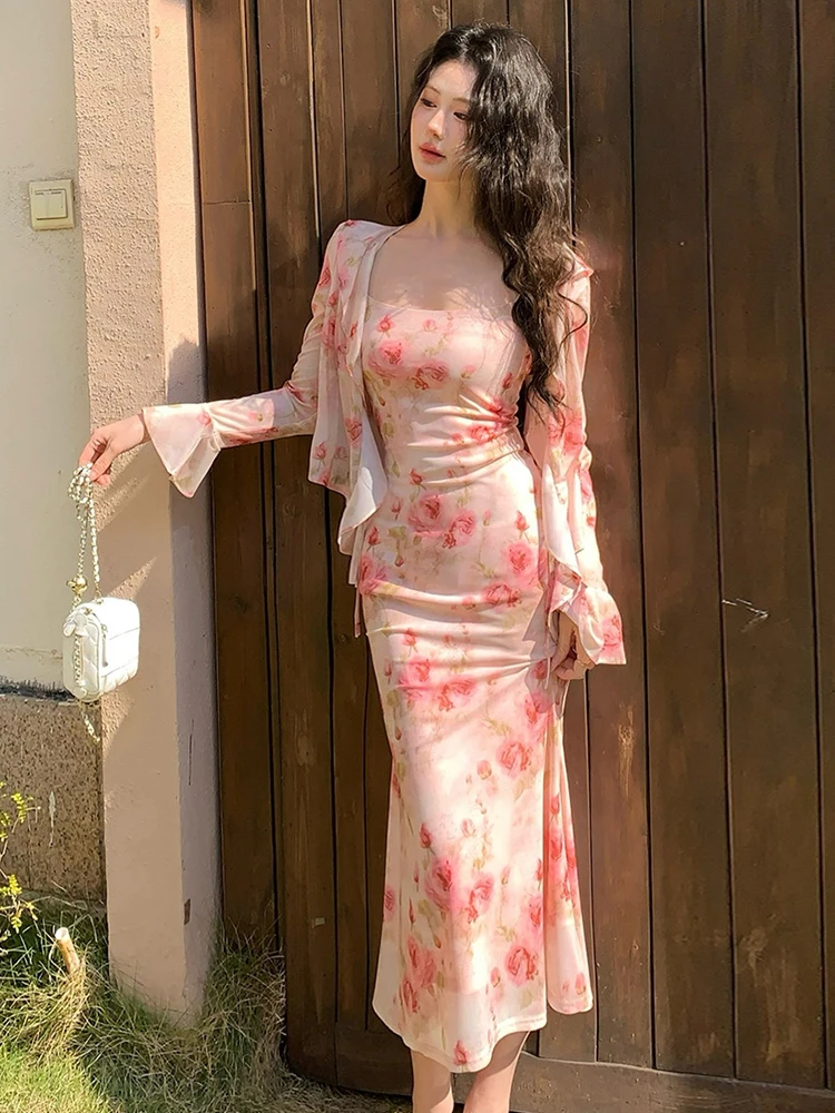 Women Vacation Clothes Sweet Floral Print 2 Piece Outfit Sexy Sling Slim Dress And Ruffled Tops Coat Set Suits Casual Autumn New