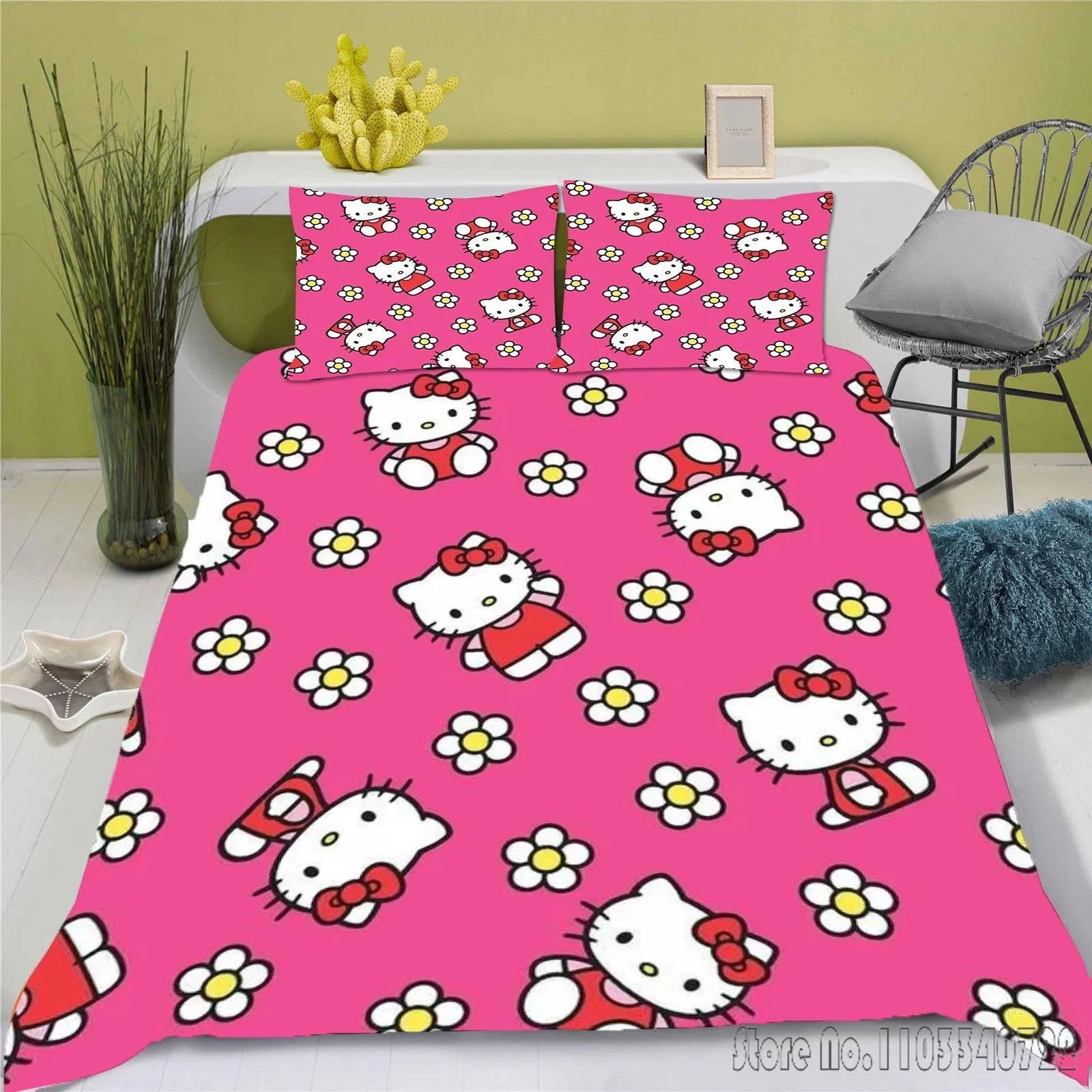 Hello Kitty  Anime Bedding Set Duvet Cover 100% Polyester Suitable For Children And Adults 3-Piece Set 1 Quilt Cover