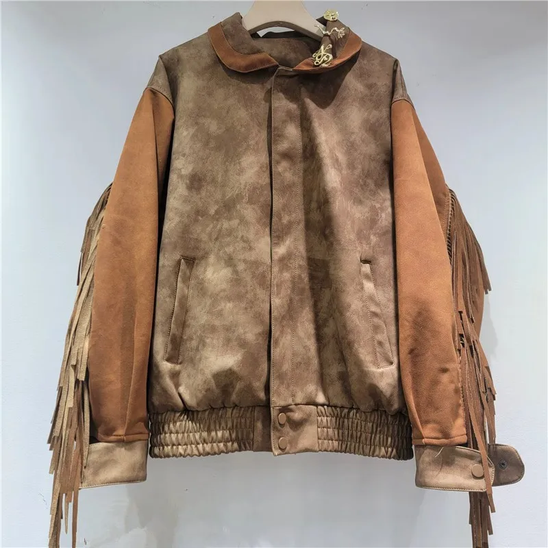 سترة جلدية أمريكية جديدة موديل 2025 ذات هامش عتيق سترة بيسبول بنية عالية الشارع للنساء معطف شتوي للنساء #2