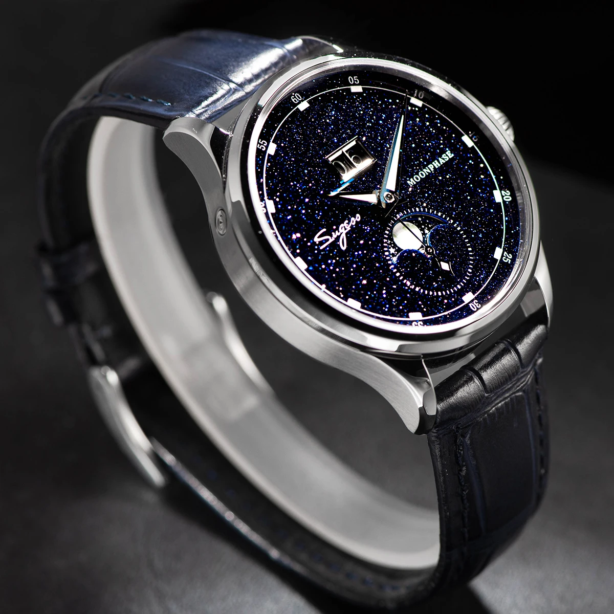 Sugess Moonphase Herrenuhr, 40 mm, automatische mechanische Armbanduhren, Origin ST2528, Uhrwerk, blaue Sandstein-Zifferblätter aus Edelstahl – Detail 9