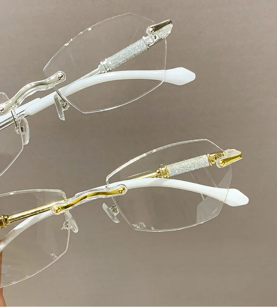 Neue randlose Lesebrille für Männer und Frauen, modisch, transparent, Weitsichtbrille, klassische Presbyopie-Brille mit Diamantschliff – Detail 3