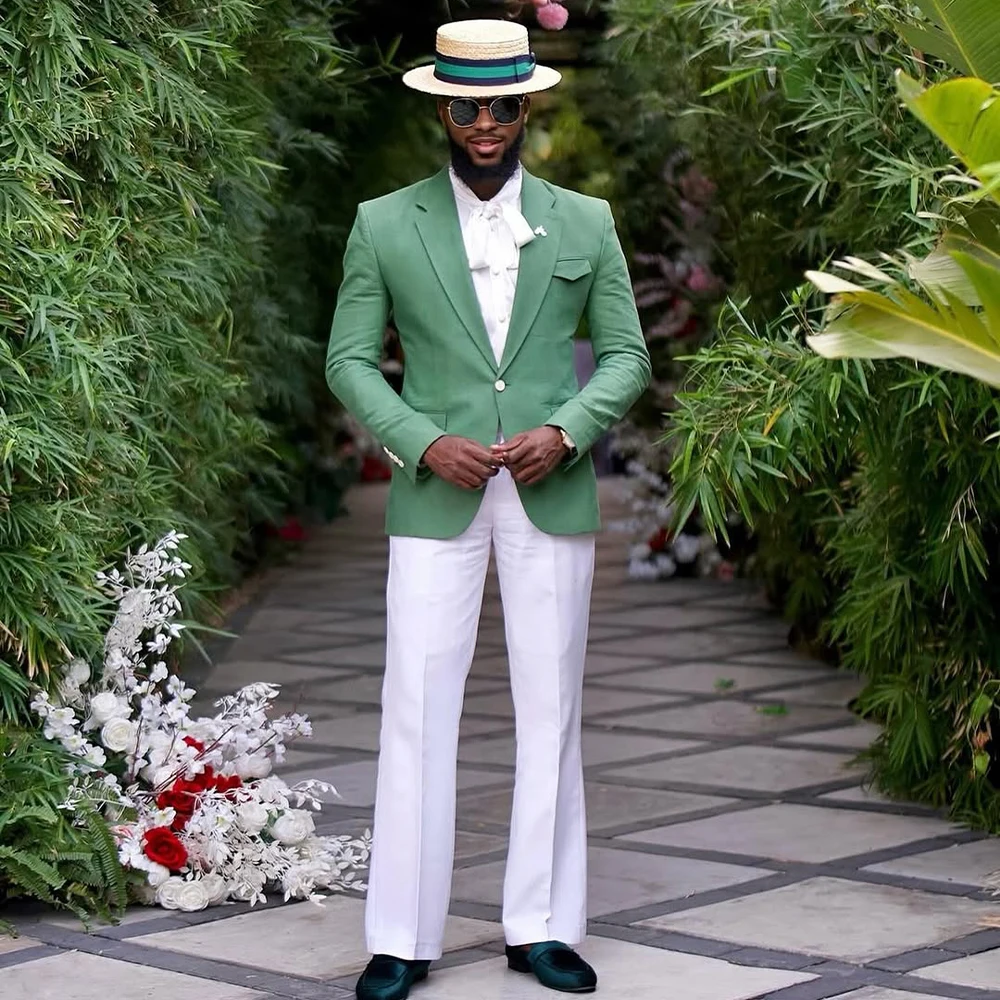 

Green Men's Suits 2 Pieces with Notched Lapel One Button Wedding Guest Outfits Blazer Office Business Jacket+Pants Customized