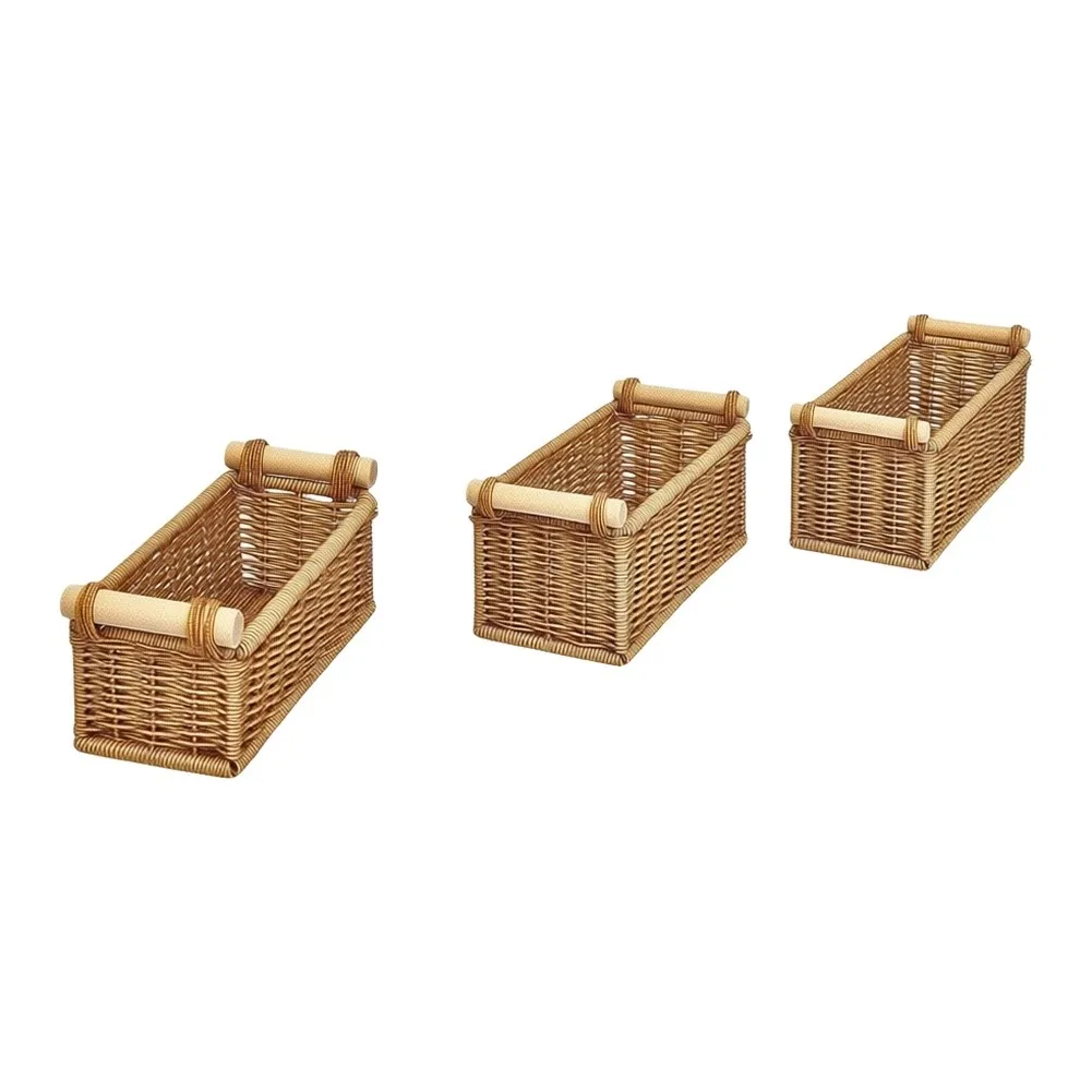 Stylish Plastic Wicker Basket Set 3 Units for Bathroom Storage Organizing Toilet Paper Towels and Small Essentials Neatly