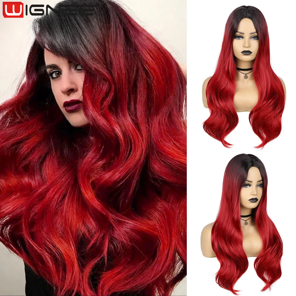 WIGNEE Ombre Red Wig Body Wave Wig Synthetic Hair Long Wigs For Women Middle Part Wavy Natural Hair Wig Heat Resistant Cosplay