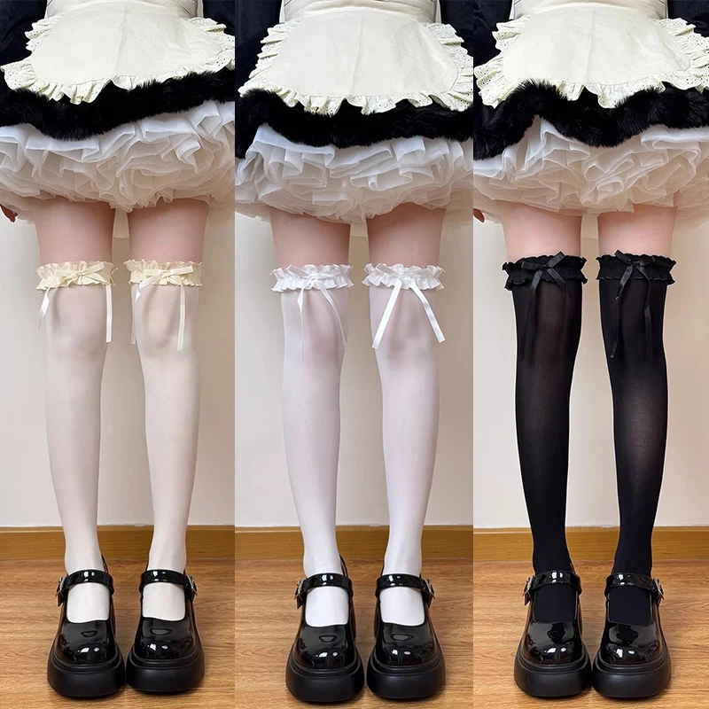 

1/2 пары японских чулок-гольфов в стиле Лолита и JK, черные, белые, бежевые, с бантом и лентой, кружевные чулки до бедра, милые чулочно-носочные изделия