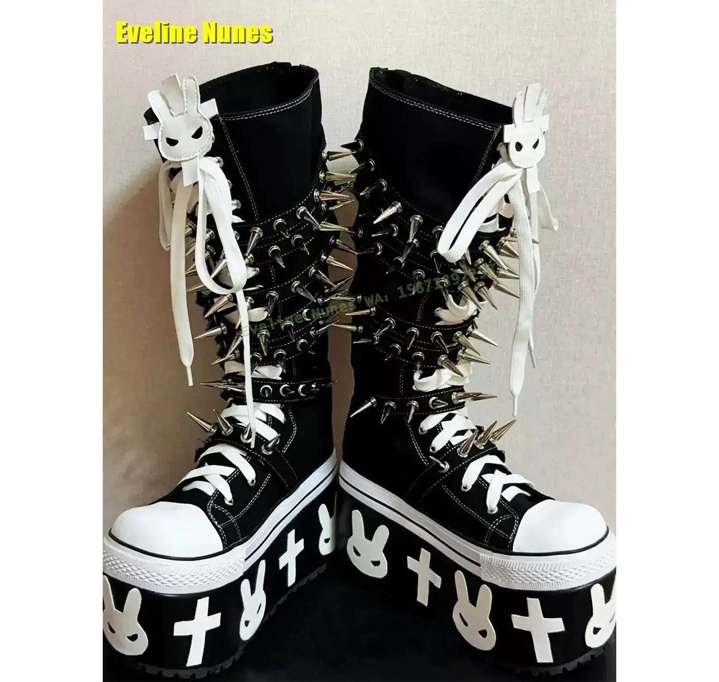 

Rivet Spikes Y2K Punk Platform Punk Boots 2025 Trend Round Toe Thick Sole Animal Prints Cross Tied Couple Canvas Knee High Boots