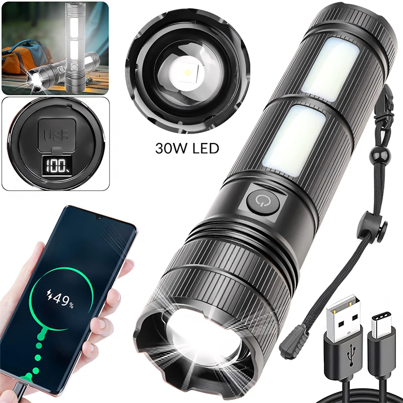 Nieuwe COB-zijlamp van aluminium met variabele focus, digitale zaklamp met invoer/uitvoer, lange reikwijdte, hoge helderheid